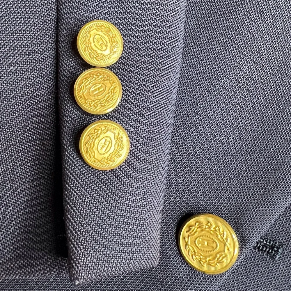 Vintage Halston Navy Wool Blazer 44 Union-Made in USA Gold Buttons Preppy